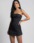 Monaco Mini Dress - Strapless black floral mini dress by Lauven with 3D floral appliqué for a modern and elegant look.
