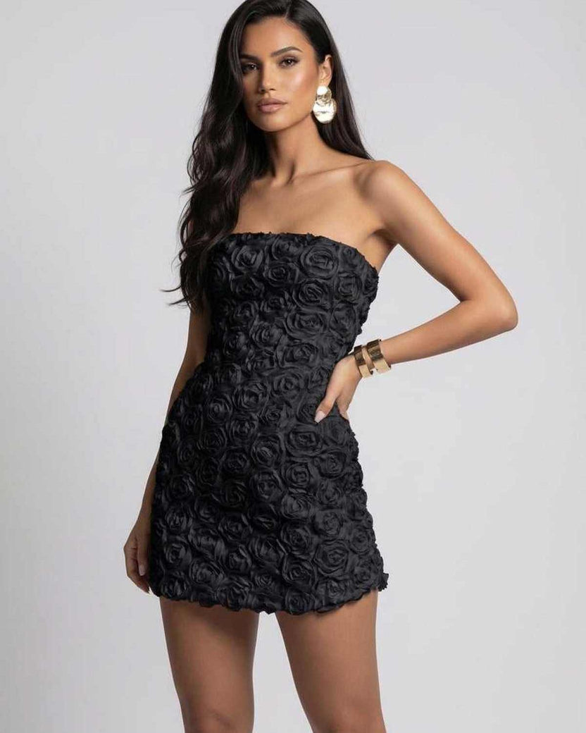 Monaco Mini Dress - Strapless black floral mini dress by Lauven with 3D floral appliqué for a modern and elegant look.