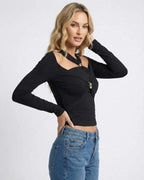 Monaco Pullover by Lauven – Women's black halter neck long sleeve pullover with cold shoulder detail.