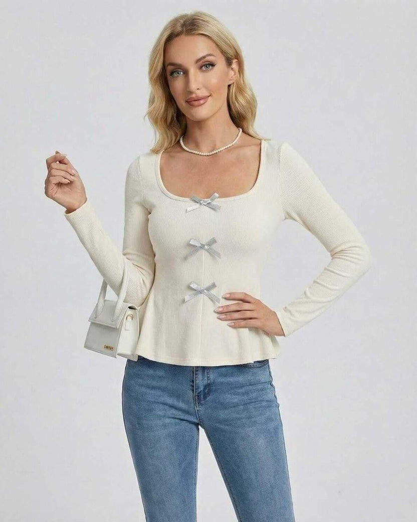 Monaco Pullover by Lauven – Women's long sleeve pullover sweater with square neck and bow detail, perfect for casual styling.