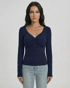 Monaco Pullover by Lauven - Women’s Slim Fit V-Neck Long Sleeve Pullover with Button Detail in Navy.
