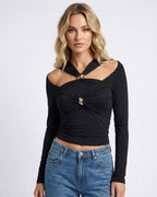 Monaco Pullover by Lauven – Women's black halter neck long sleeve pullover with cold shoulder detail.