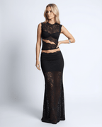 Monaco Set featuring a sleeveless lace crop top and high-waisted maxi skirt by Lauven, perfect for elegant occasions.