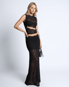 Monaco Set - Elegant women’s two-piece black lace outfit by Lauven, perfect for formal occasions, featuring a crop top and high-waisted skirt.