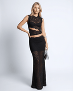 Monaco Set by Lauven – Elegant black lace two-piece with sleeveless crop top and high-waisted maxi skirt for formal occasions.
