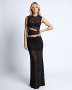 Monaco Set women’s two-piece black lace set, featuring a sleeveless crop top and high-waisted maxi skirt by Lauven.