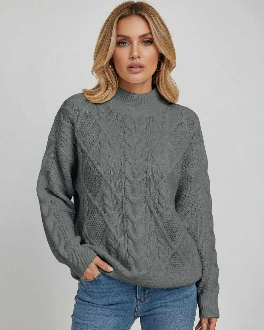 Monaco Sweater by Lauven – Women's oversized cable knit in gray, featuring a structured crew neck and relaxed fit.
