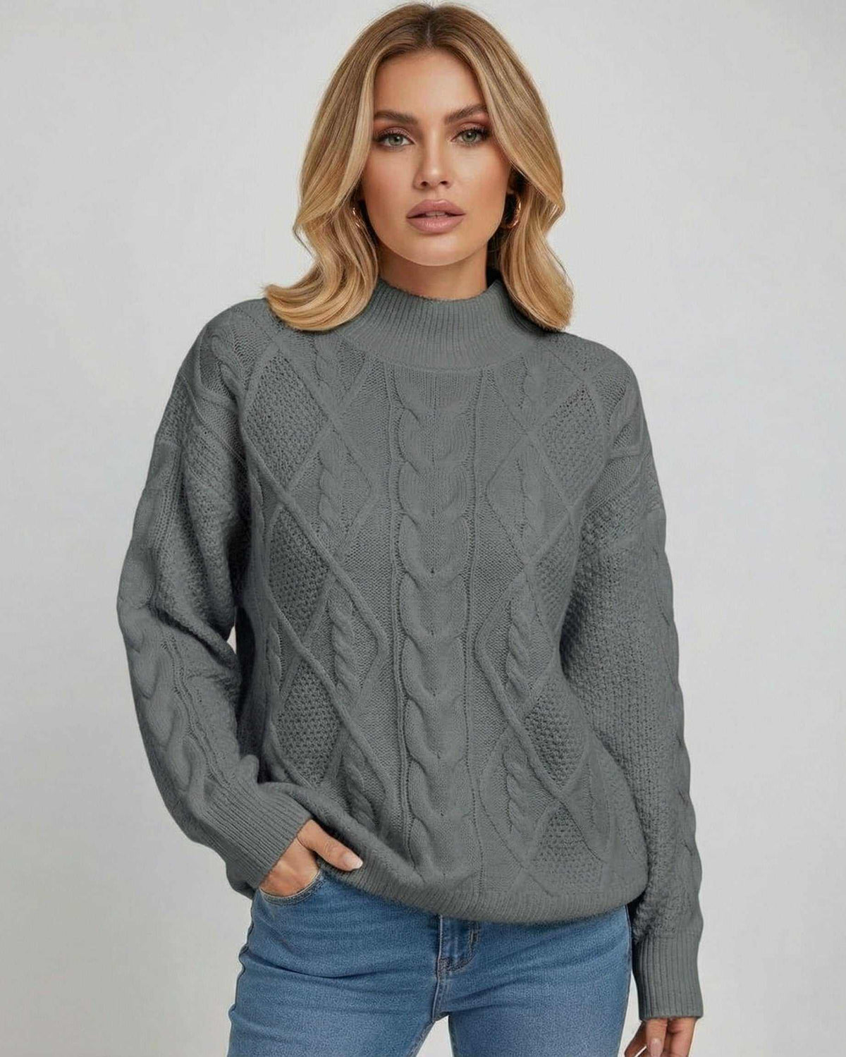 Monaco Sweater by Lauven – Women's oversized cable knit in gray, featuring a structured crew neck and relaxed fit.