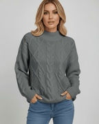 Monaco Sweater by Lauven – Women’s oversized cable knit sweater in gray with structured crew neck and drop shoulder.