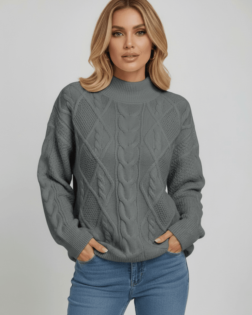 Monaco Sweater by Lauven – Women’s oversized cable knit sweater in gray with structured crew neck and drop shoulder.