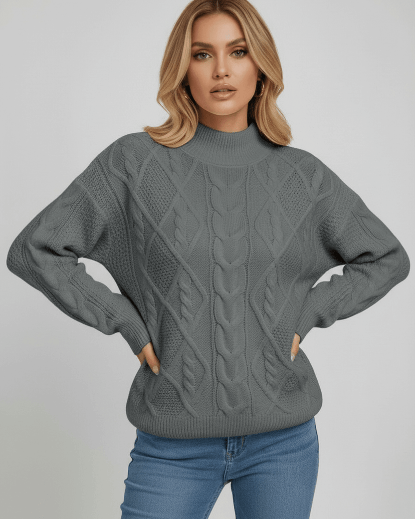 Monaco Sweater by Lauven – Women’s Oversized Cable Knit Sweater in versatile gray for fall and winter fashion.