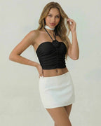 Monaco Top by Lauven – Black strapless top with ruched detail and halter tie, perfect for stylish women.