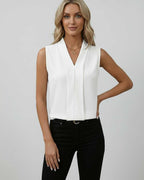 Monaco Top by Lauven, elegant sleeveless white V-neck top, perfect for day to evening wear.