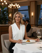 Monaco Top - Elegant sleeveless white top by Lauven, perfect for modern sophistication and evening dining.