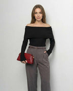 Monaco Top by Lauven – Women's Off-The-Shoulder Long Sleeve in Solid Black with Slim Fit Style.