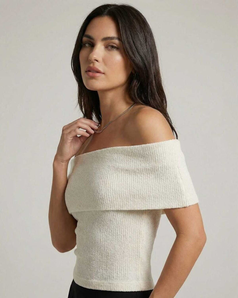 Monaco Top from Lauven – Women’s Off Shoulder Knit Top showcasing a casual elegant style.