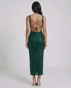 Lauven Nara Midi Dress back view featuring emerald green sequined design and crisscross straps.