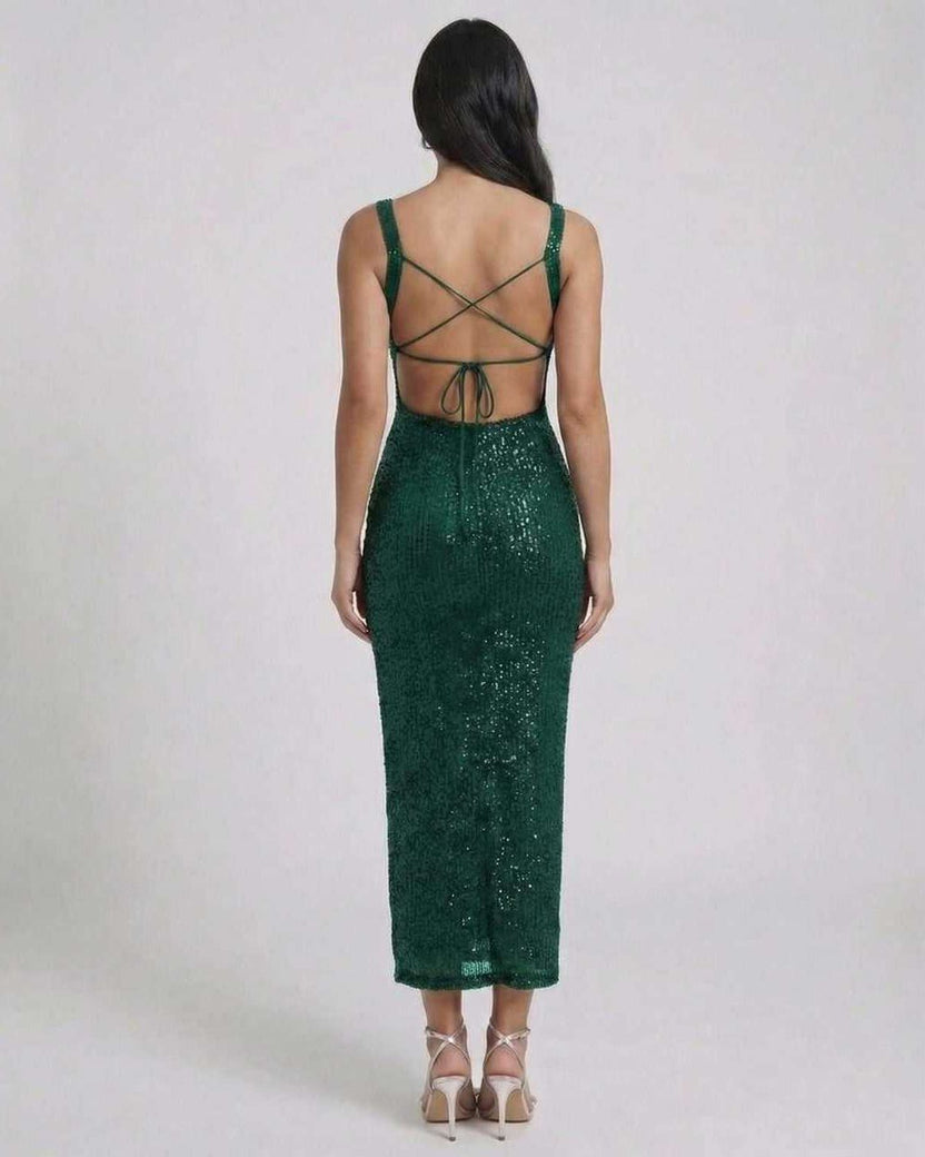 Lauven Nara Midi Dress back view featuring emerald green sequined design and crisscross straps.