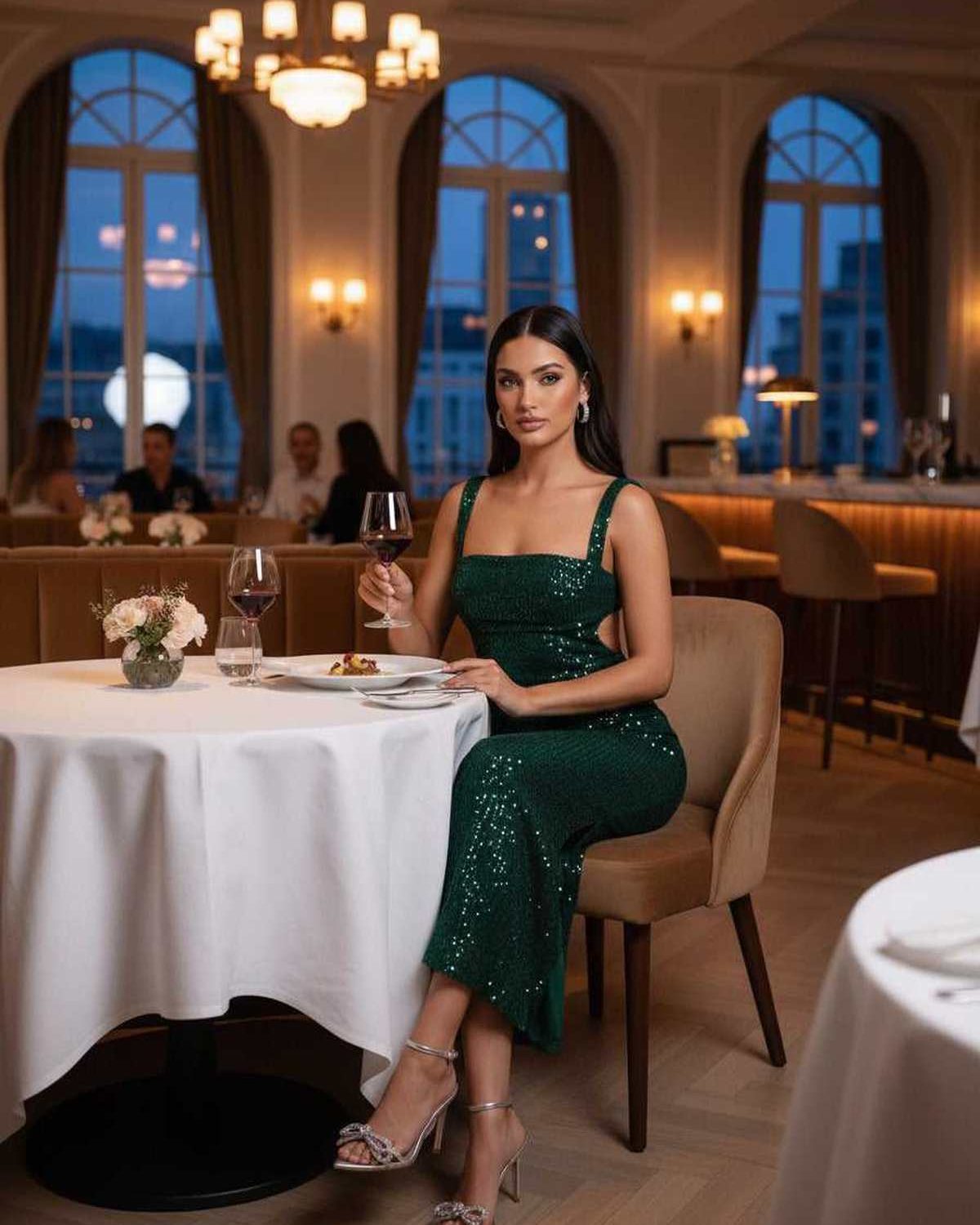Model wearing Lauven Nara Midi Dress in Emerald Green with sequined straps at a classy restaurant.