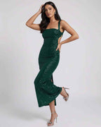 Lauven Nara Midi Dress in Emerald Green with sequined straps and backless design, perfect for evening wear.