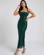 Nara Midi Dress by Lauven in Emerald Green with sequined glamour and backless design, perfect for evening wear.