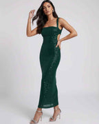 Lauven Nara Midi Dress in Emerald Green with sequined straps for glamorous evening wear.