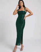 Nara Midi Dress by Lauven in Emerald Green with sequined straps and a backless design, perfect for evening wear.