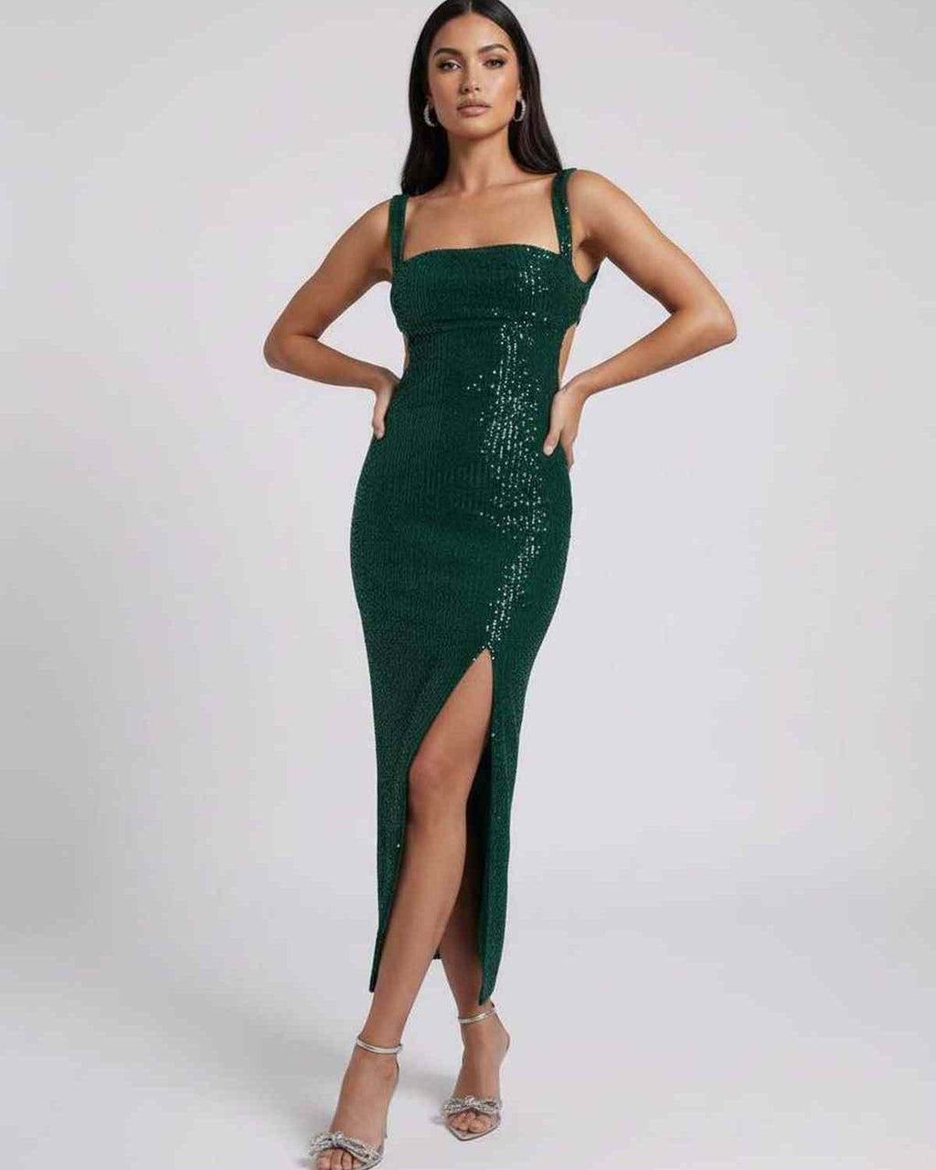 Nara Midi Dress by Lauven in Emerald Green with sequined glamour and stylish backless design.