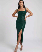 Nara Midi Dress by Lauven in Emerald Green with sequined glamour and stylish backless design.