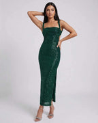 Lauven Nara Midi Dress in Emerald Green, featuring sequined glamour and a stunning square neckline.
