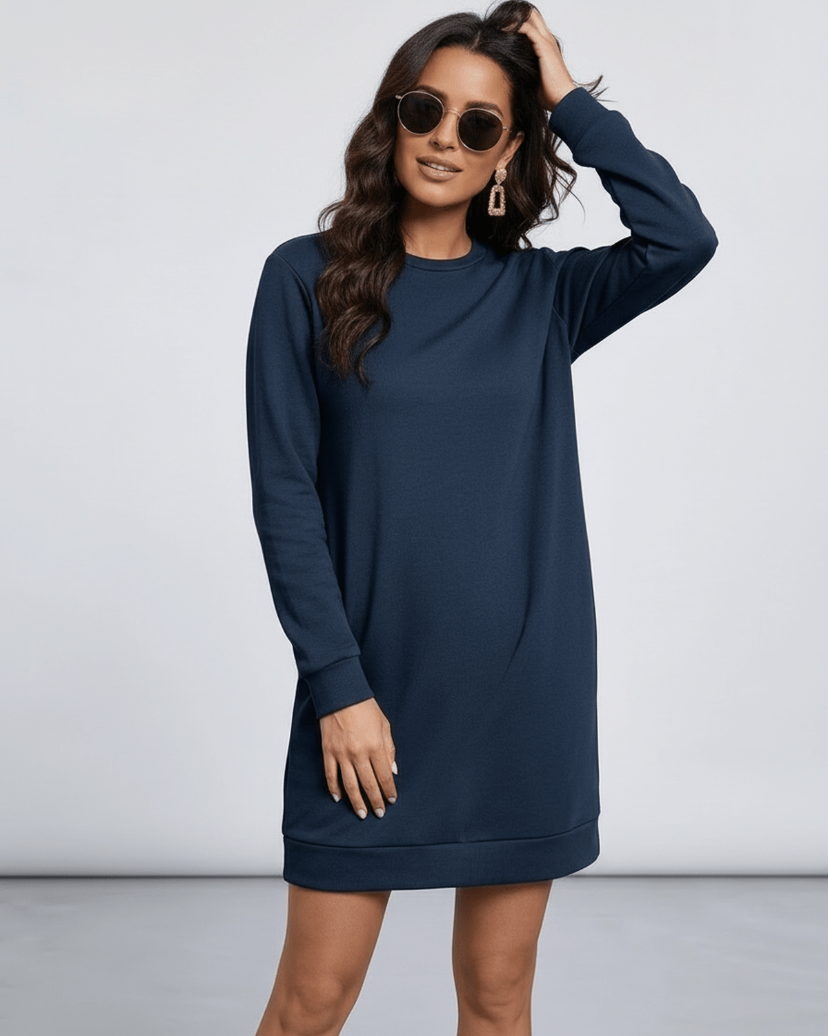 Nero Mini Dress by Lauven in deep navy color, featuring long sleeves and O neckline for casual style.