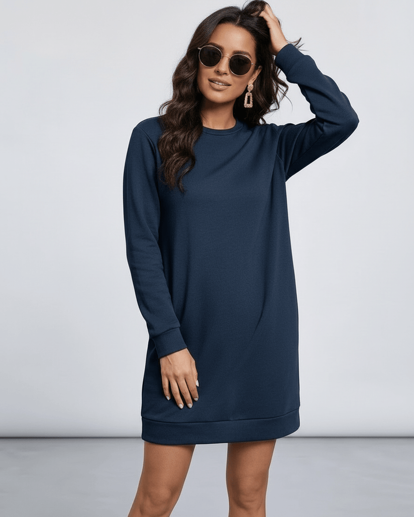 Nero Mini Dress by Lauven in deep navy color, featuring long sleeves and O neckline for casual style.