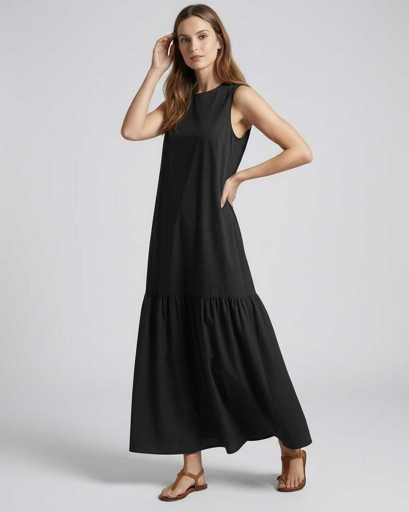 Nocta Midi Dress by Lauven, black sleeveless dress with relaxed silhouette for effortless summer style.