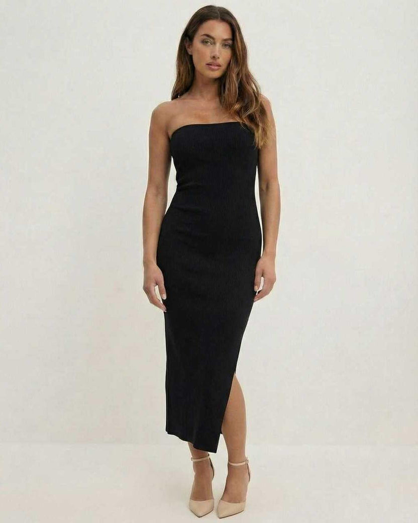 Noctis Midi Dress by Lauven - Sleek strapless black sheath with a side slit, perfect for elegant evening wear.