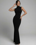 Noctra Maxi Dress - Black sleeveless dress with mock neck, sleek silhouette by Lauven, perfect for contemporary events.