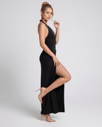 Noctra Maxi Dress by Lauven, black v-neck maxi dress in stretchy jersey, high waist, elegant silhouette, perfect for evening wear.