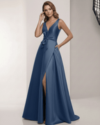 Noctra Maxi Dress - Satin A-Line Navy Blue with V-Neck, Bow Detail, and elegant, polished style by Lauven.
