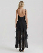 Nocturne Maxi Dress featuring sheer ruffle hem and elegant silhouette, designed by Lauven for a stunning evening look.