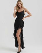 Nocturne Maxi Dress featuring a sleek design, sheer ruffle hem, elegant style from Lauven, perfect for evening wear.