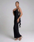 Nocturne Maxi Dress by Lauven, black spaghetti strap evening gown with elegant side detail.