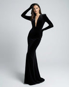 Nocturne Maxi Dress - black velvet dress with deep V-neck and long sleeves by Lauven, exuding evening elegance and sophistication.