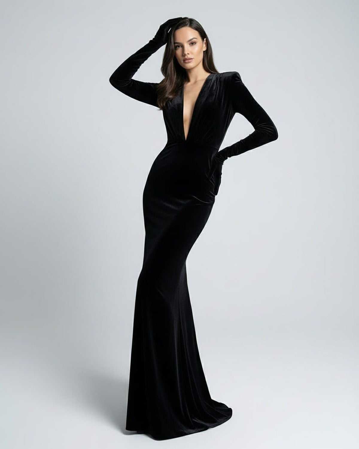 Nocturne Maxi Dress - black velvet dress with deep V-neck and long sleeves by Lauven, exuding evening elegance and sophistication.