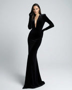 Elegant Nocturne Maxi Dress by Lauven, featuring deep V-neck, velvet fabric, and sculpted silhouette for evening wear.