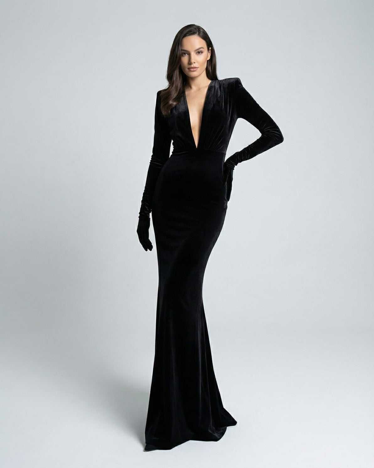 Nocturne Maxi Dress - Black velvet dress with deep V-neck, long sleeves, elegant silhouette by Lauven.