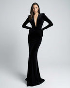 Nocturne Maxi Dress in black, featuring a deep V-neck, velvet long sleeves, by Lauven, embodying evening elegance.