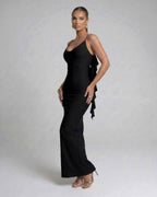 Nocturne Maxi Dress by Lauven - Elegant black spaghetti strap evening gown with a sleek silhouette.