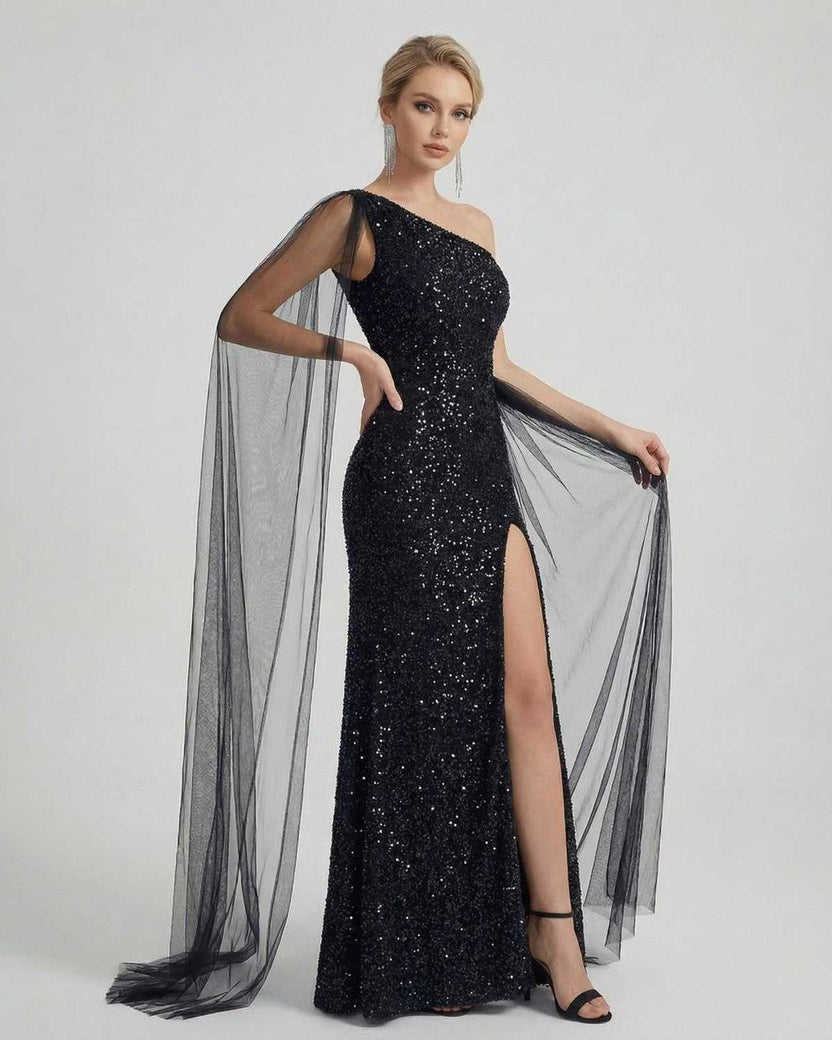 Nocturne Maxi Dress by Lauven - Elegant one shoulder sequin dress with sheer mesh drape and slit detail.
