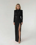 Nocturne Maxi Dress by Lauven featuring a sophisticated fit and flare design with high side slit in classic black.