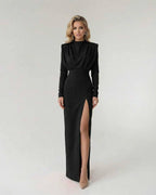 Nocturne Maxi Dress by Lauven featuring a sophisticated fit and flare design with high side slit in classic black.