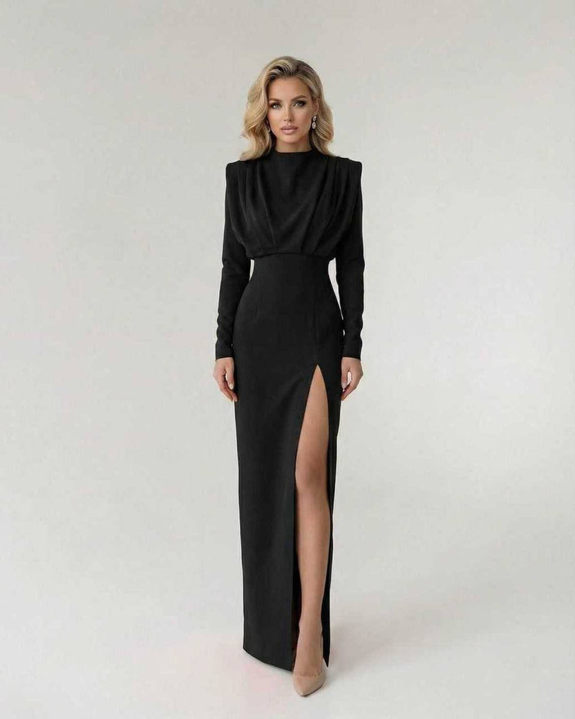 Nocturne Maxi Dress by Lauven featuring a sophisticated fit and flare design with high side slit in classic black.